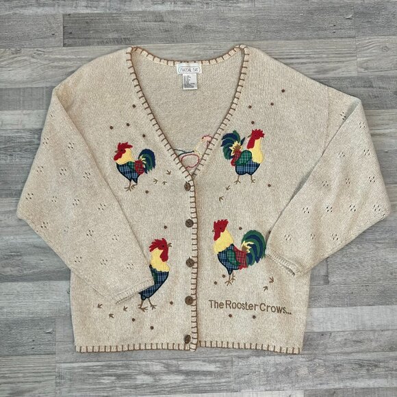 Mandal Bay Cotton Linen Beige Chicken Rooster Embroidered Cardigan Sweater B32 - Picture 1 of 5